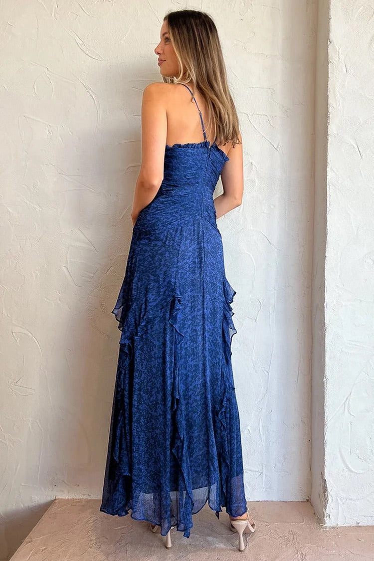 Cami Unregelmäßiger Hals Rüschen Geraffte Rückenfreie Tüll Cocktail Party Muster Druck Maxi Kleider