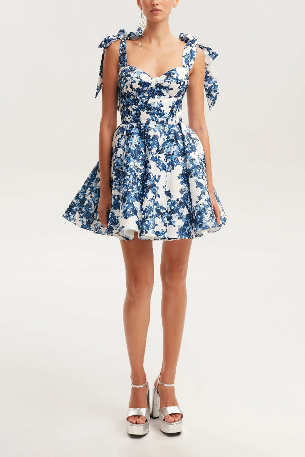 Robe mini évasée princesse à imprimé floral et bretelles à nœuds, style jardin d'Eden