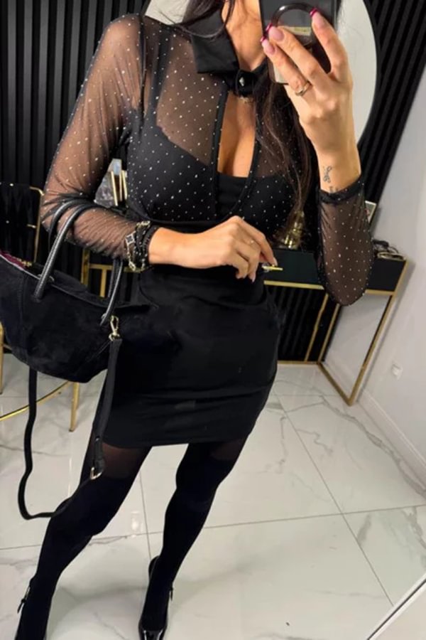 Stevie Mesh Glitzerstoff Cutout Hemdkragen Langarm Stretch Minikleid