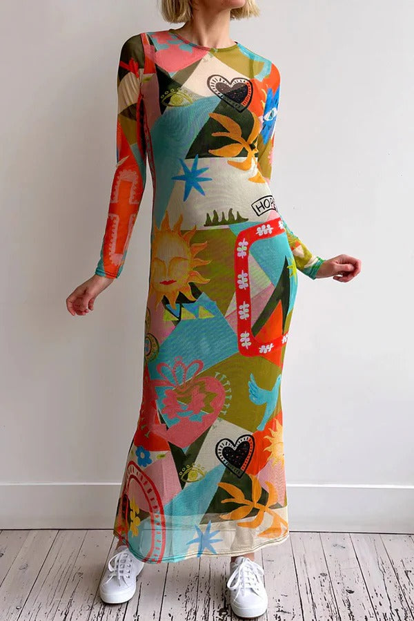 Sundazed Sommer Mesh Bunte Einzigartige Druck Langarm Stretch Maxi Kleid