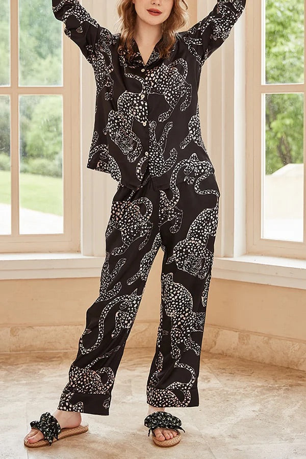 Schwarzes, langärmliges Home-Zweiteiler-Set mit Jaguar-Print
