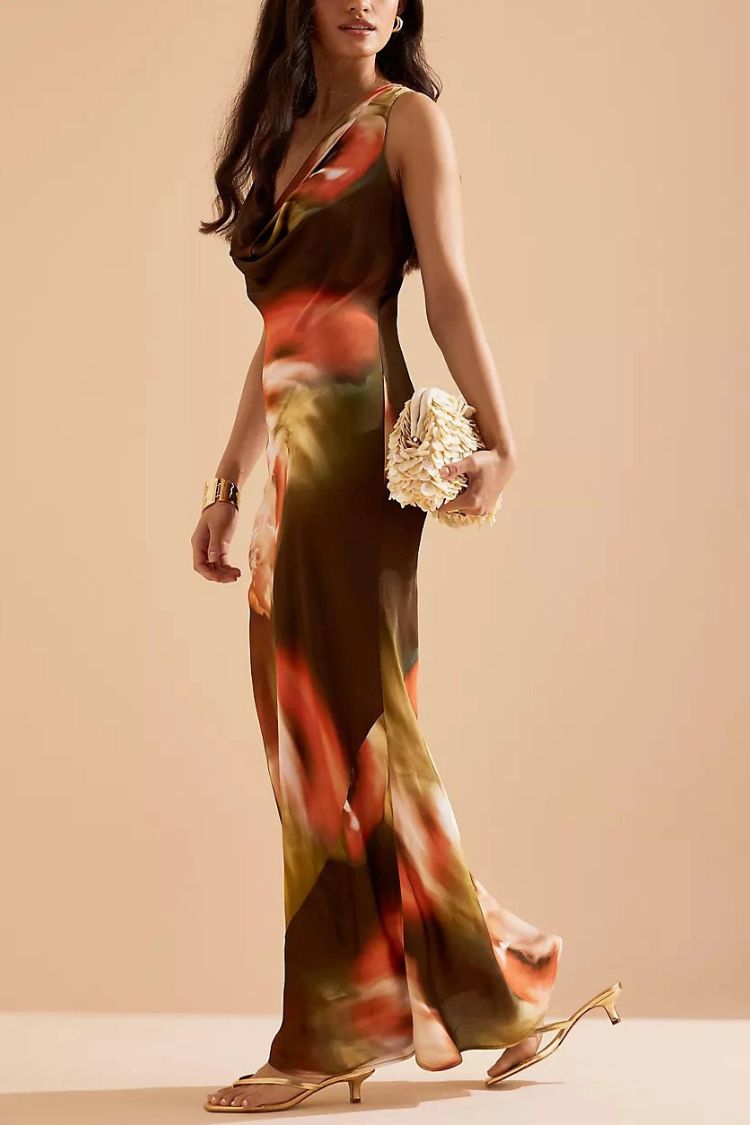 Robe longue à col bénitier et imprimé floral aquarelle pour la saison