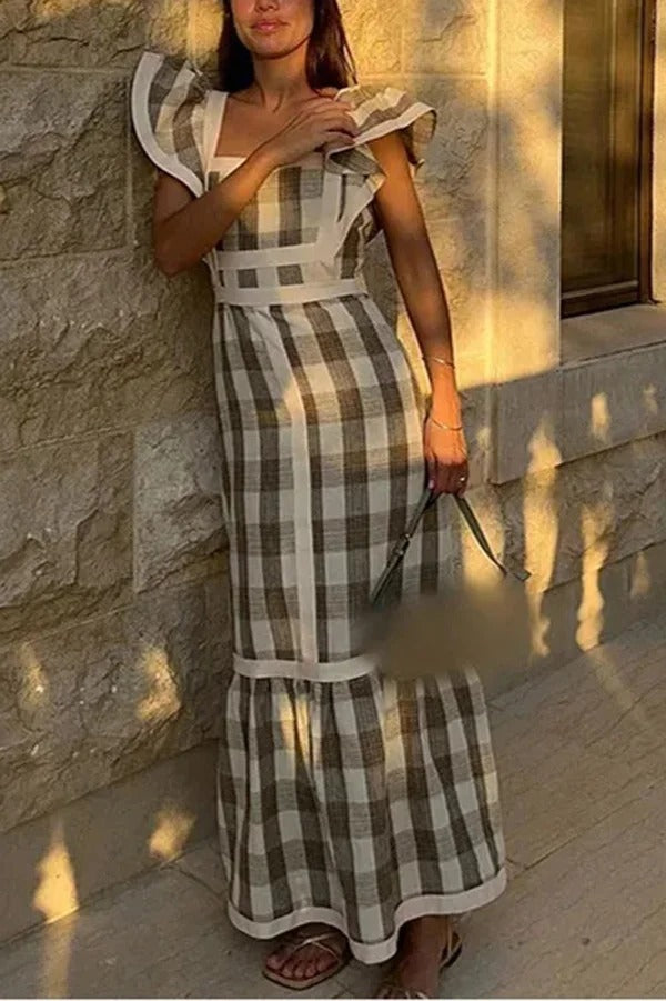 Ärmelloses Maxikleid mit eckigem Ausschnitt und Kontrasteinsätzen