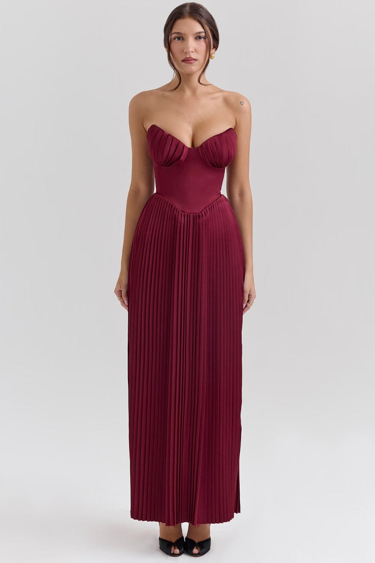 Strapless Cinch Waist Pleated Maxi Dresses