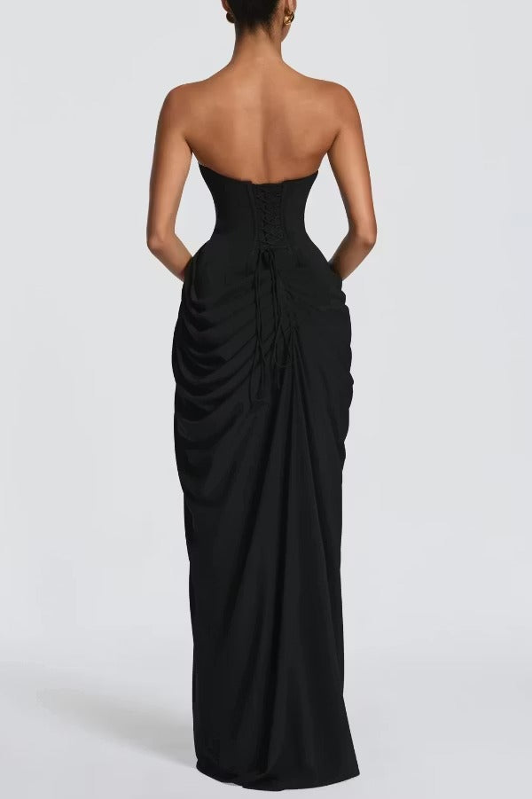 Cyra Back Lace-up Asymmetrical Pleats Strapless Slit Maxi Dress