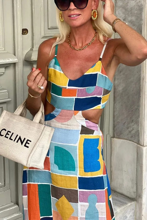 Alma – Maxikleid aus Leinenmischung mit einzigartigem, farbenfrohem Print, Cut-out auf der Rückseite und Bindeband