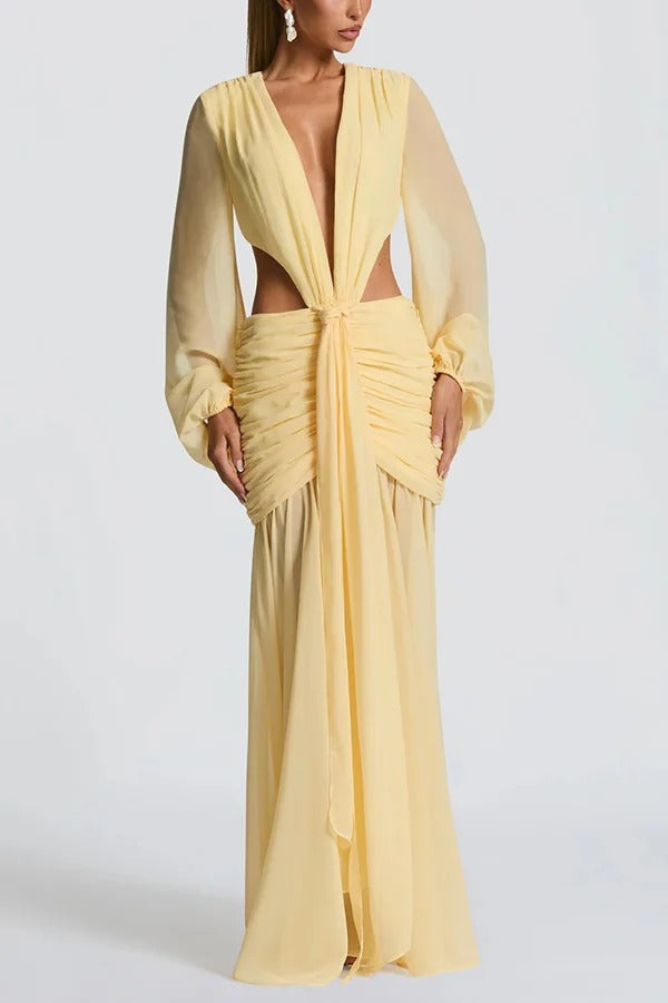 Deep Memories Chiffon Balloon Sleeve Cutout Ruched Drape Maxi Dress