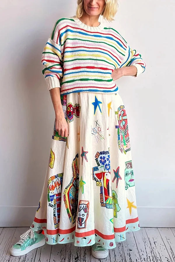 Miami Happy Hour – Midikleid aus Leinenmischung mit einzigartigem Aufdruck, gesmokten Rückentaschen