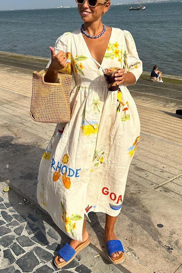 Gemütliches Sommer-Midikleid aus Leinenmischung mit einzigartigem Druck, Knöpfen und Puffärmeln