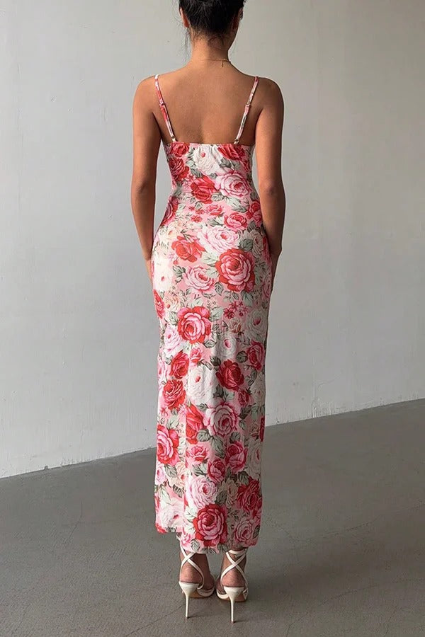 Floral Print Sexy Halter Back Slim Fit Lace Up Midi Dress
