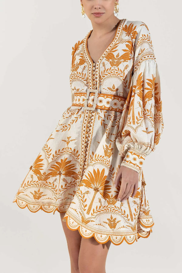 Naiara Minikleid mit Palmendruck, Ballonärmeln, gewelltem Besatz, Gürteltasche