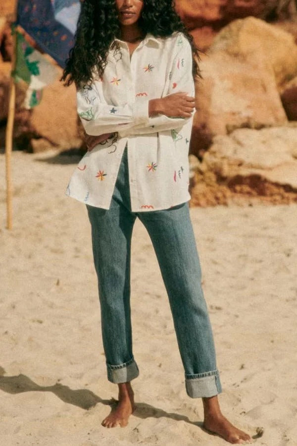 Chemisier ample à manches longues et boutons, imprimé unique, mélange de lin et de couleurs joyeuses