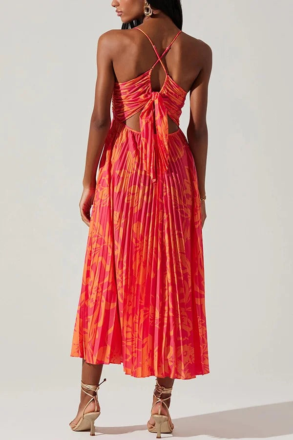 Hochzeitsparty-Saison – Midikleid mit Blumenmuster, plissiertem Rücken und Bindeband