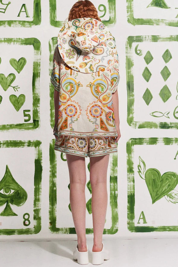 Antibes – Einzigartiges, bedrucktes, lockeres Button-Down-Hemd und Shorts mit elastischer Taille und Tasche