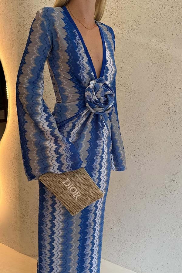 Sylvie Knit Zigzag Pattern Rose Detail Long Sleeve Stretch Maxi Dress