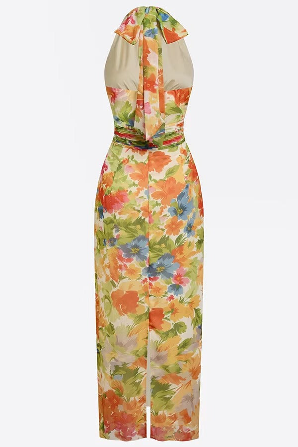 Lauria Chiffon Floral Print Ruched Waist Halter Tie-up Neck Backless Maxi Dress
