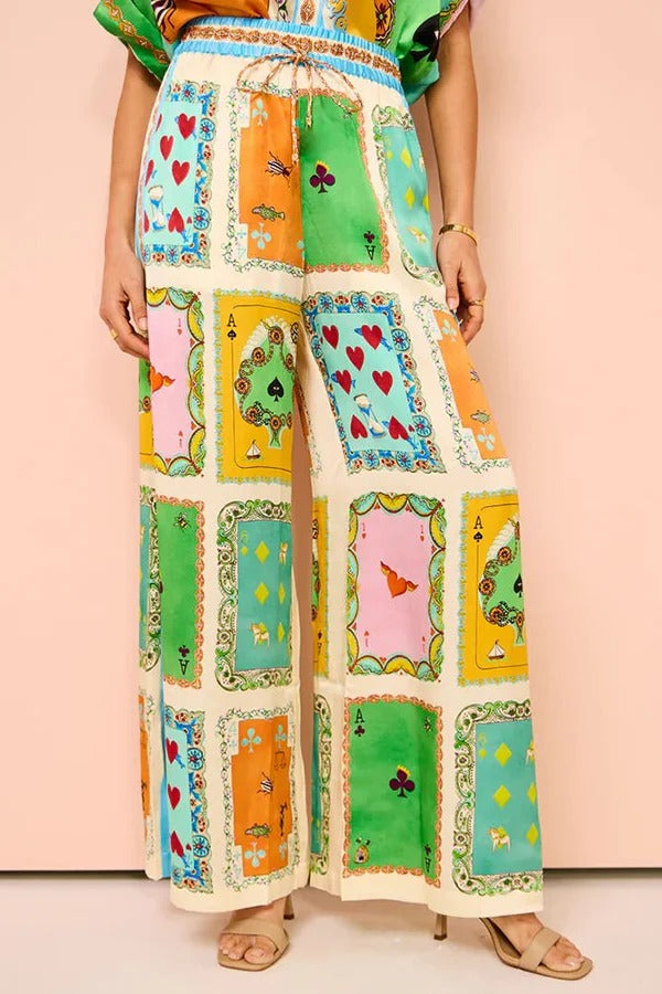 Lustige Poker Sommer Satin Einzigartiger Druck Elastische Taille Taschen Weite Beinhose