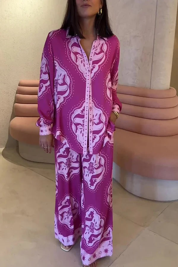 Ensemble chemise surdimensionnée à manches longues et pantalon à taille élastique à imprimé unique Elliot