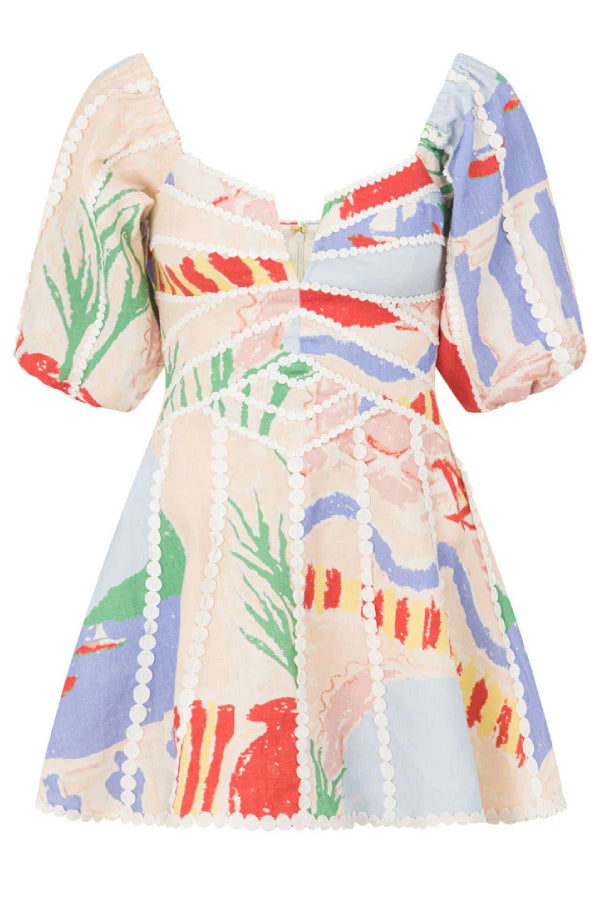 Minikleid mit Puffärmeln und Besatz aus Leinenmischung