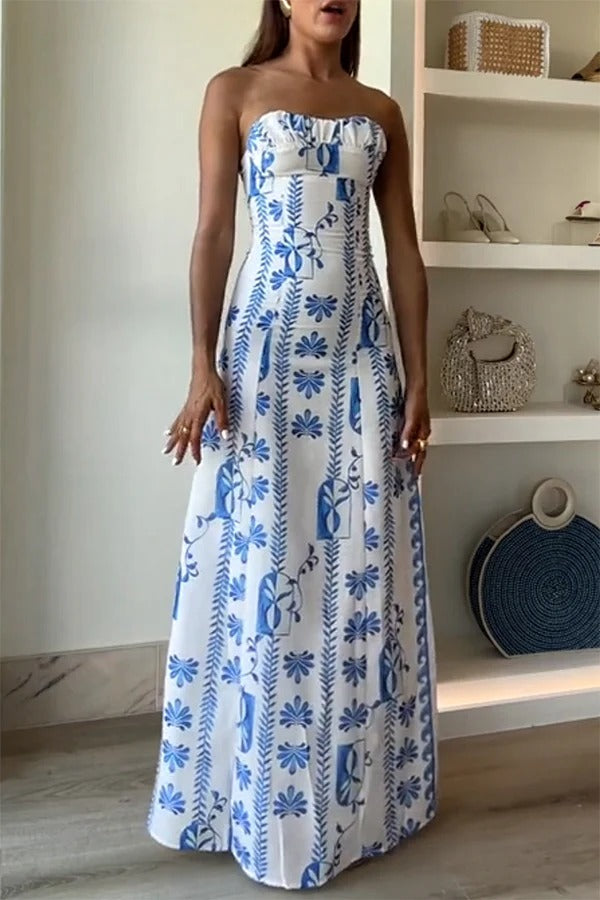 Freya Linen Blend Floral Wave Print Ruched Bust Strapless Maxi Dress Freya Linen Blend Floral Wave Print Ruched Bust Strapless Maxi Dress