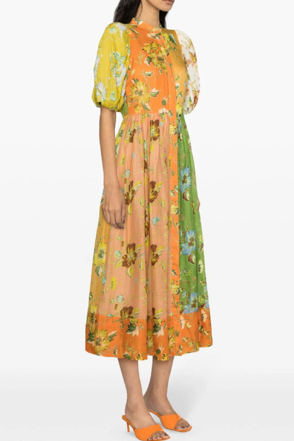 Midikleid aus Baumwolle und Leinen mit Blumendruck und Puffärmeln