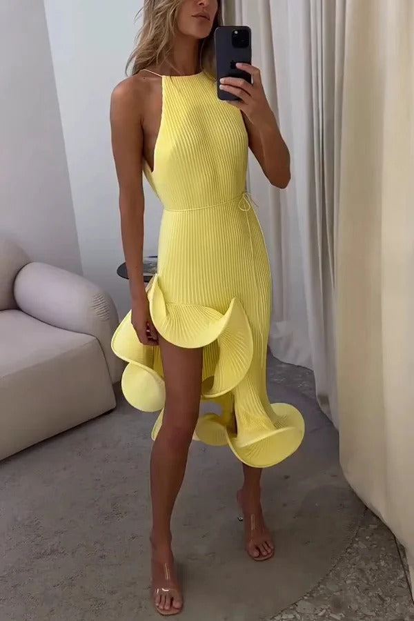 Solid Color Sleeveless Waist Tie Irregular Ruffle Slim Midi Dress