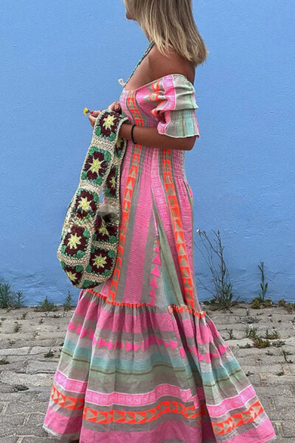 Musikfestival Geometrisches Farbblock-Boho-Maxikleid mit gesmokten Taschen