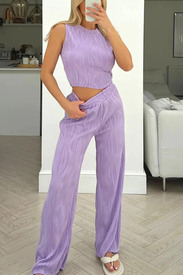 Einfarbiges Tanktop mit Rundhalsausschnitt und Wasserwellen-Print und gerade geschnittene Hose mit elastischem Bund