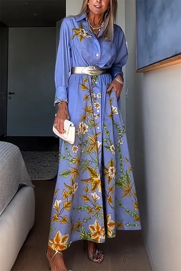 Opera Unique A-Linien-Maxikleid mit Blumendruck und langen Ärmeln und Tasche