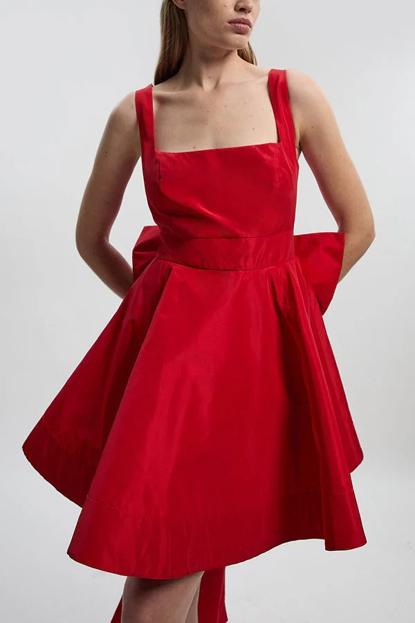Red Drama Taffeta Square Neck Back Oversized Bow Pocket Mini Dress