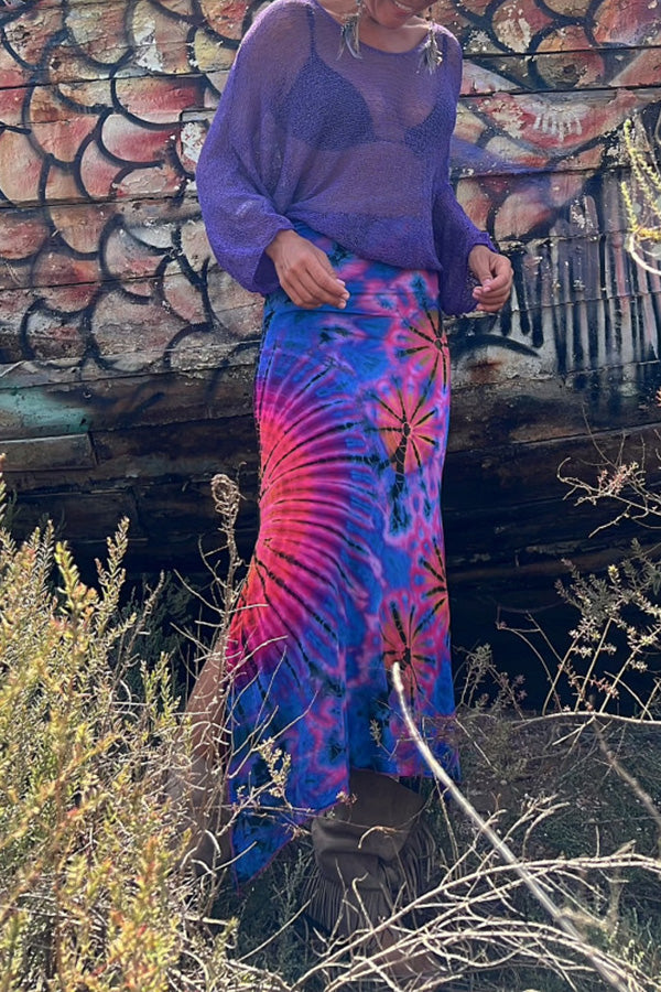 Preston – Maxirock aus Stretch-Baumwolle mit Batikmuster, geraffter Taille und Schlitz