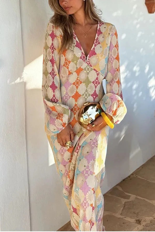 Wunderschönes, farbenfrohes Kimono-Midikleid mit Puffärmeln im Sunshine-Stil mit einzigartigem Print