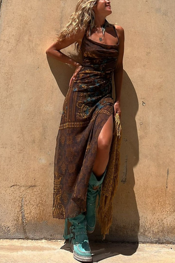 Sexy ärmelloses bedrucktes elastisches Schlitz-Strapsnetzkleid