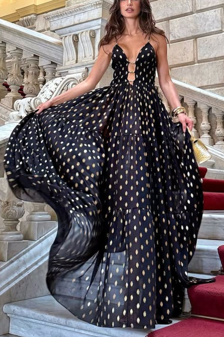 Charming View Chiffon Gold Polka Dot Print Cutout Lightweight Maxi Dress