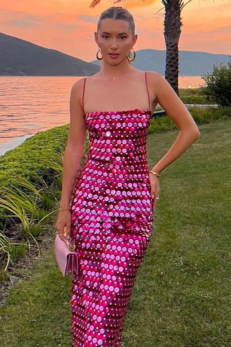 Pailletten Spaghettiträger Slim Fit Geburtstagsparty Midikleider