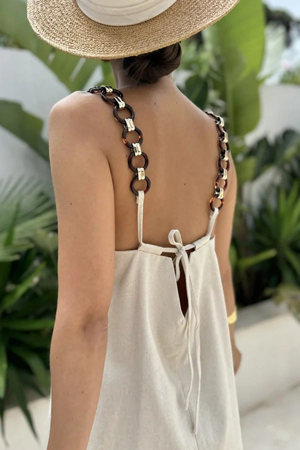 Travel Dreams Linen Blend Metal Ring Shoulder Strap H-line Mini Dress