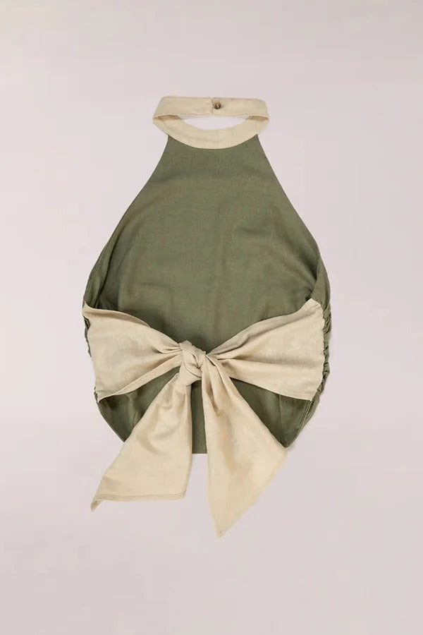 Ensemble débardeur dos nu en lin mélangé de style intemporel et jupe longue colorblock