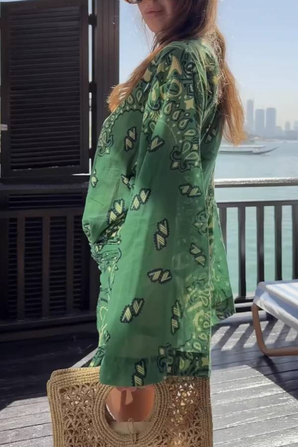 Paisley Print Waist-Cinched Shirt Dress