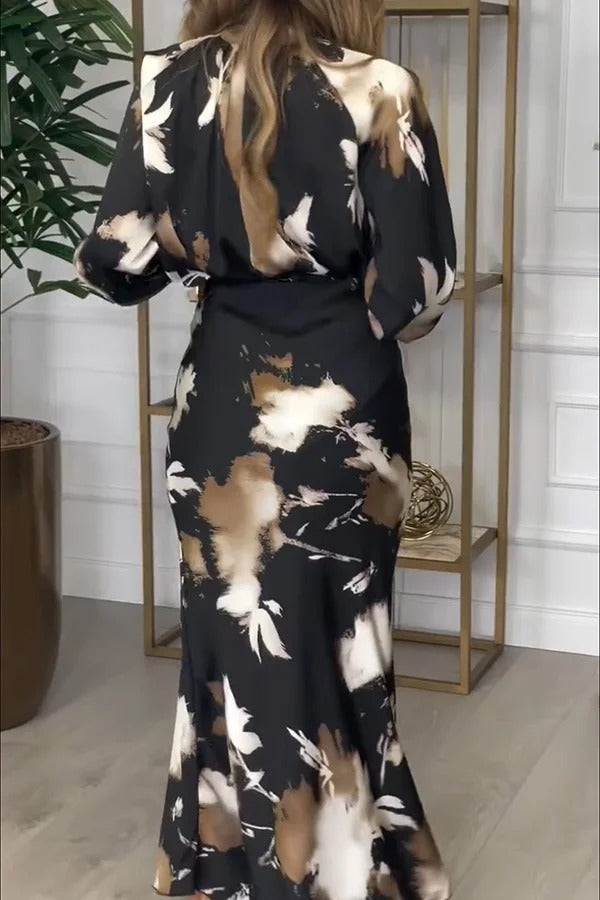 Ensemble chemisier ras du cou à manches ballon et jupe longue taille haute en satin Kona tie dye