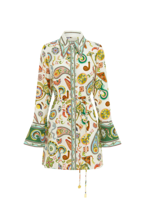 Mila Minikleid aus Leinenmischung mit einzigartigem Druck, geformtem Kragen und Bindegürtel in der Taille