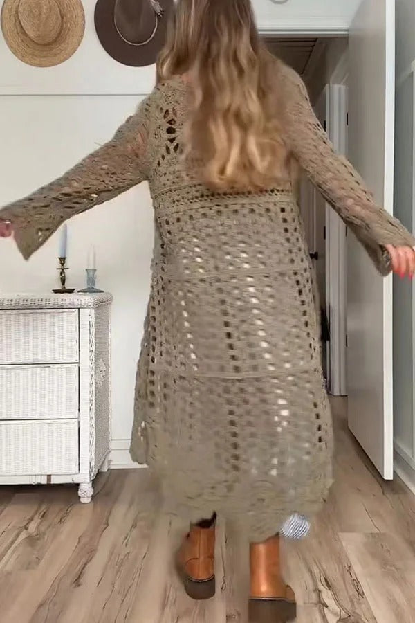 Boho Style Crochet Long Sleeve High Low A-line Maxi Top