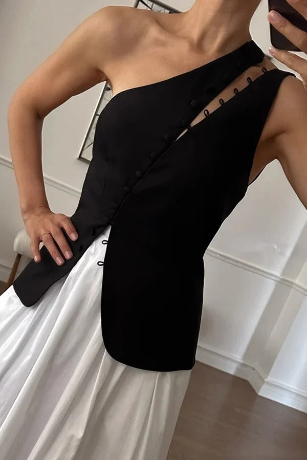 Full of Design Solid Color One Shoulder Asymmetric Slit Button Casual Vest