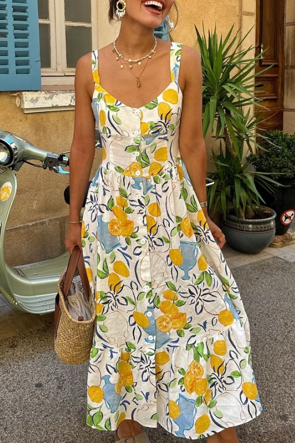 Bedrucktes Midikleid aus Leinenmischung