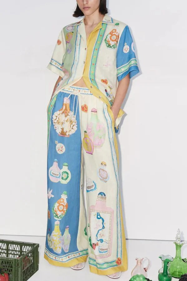 Creating Memories – Hose aus Leinenmischung mit einzigartigem Druck, elastischer Bund und Tasche mit weitem Bein