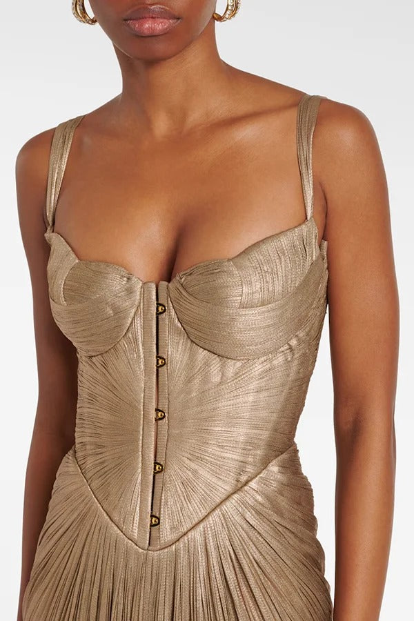 Vegas Queen Metallic Pleated Sculpted Bodice Back Lace-up Drape Maxi Dress