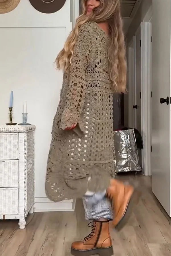 Boho Style Crochet Long Sleeve High Low A-line Maxi Top