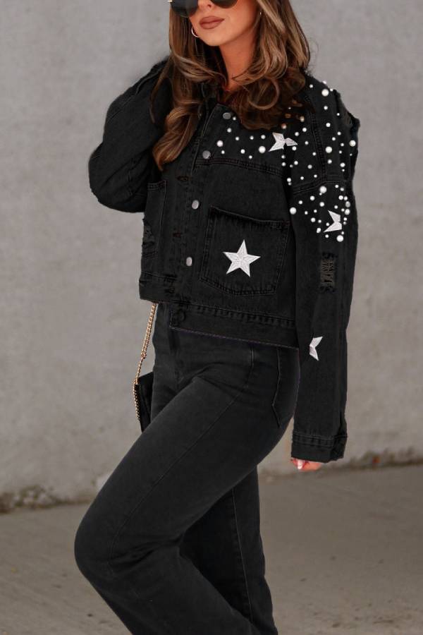 Jeansjacke mit Perlendetail