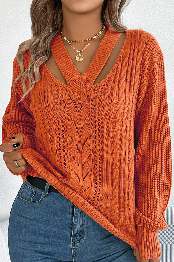 Lässiger, hohler Langarm-Strickpullover mit V-Ausschnitt