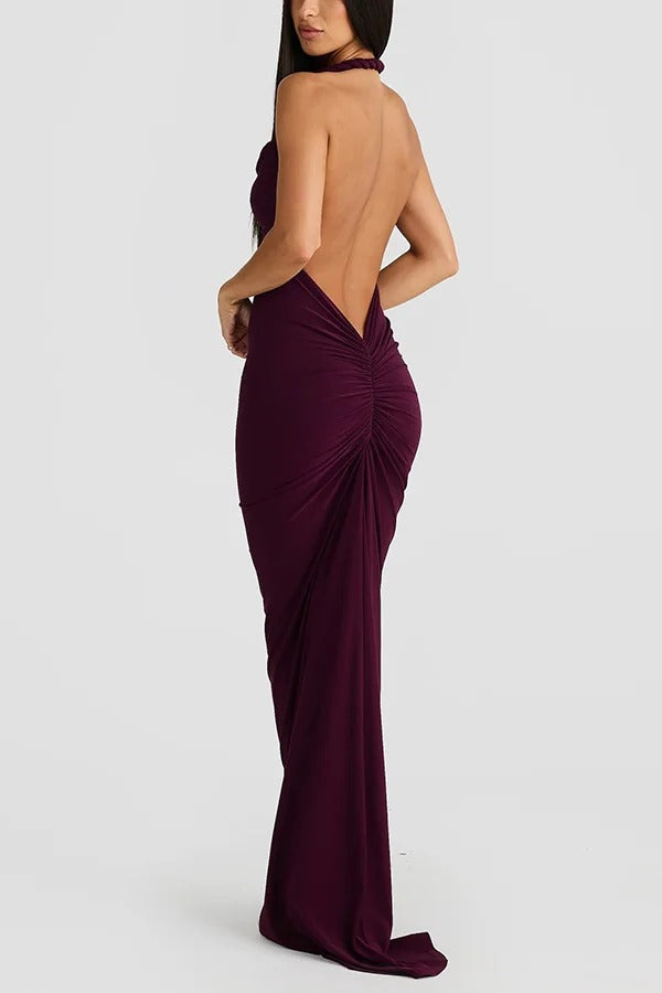 Robe longue sexy à col licou et dos nu froncé, coupe slim