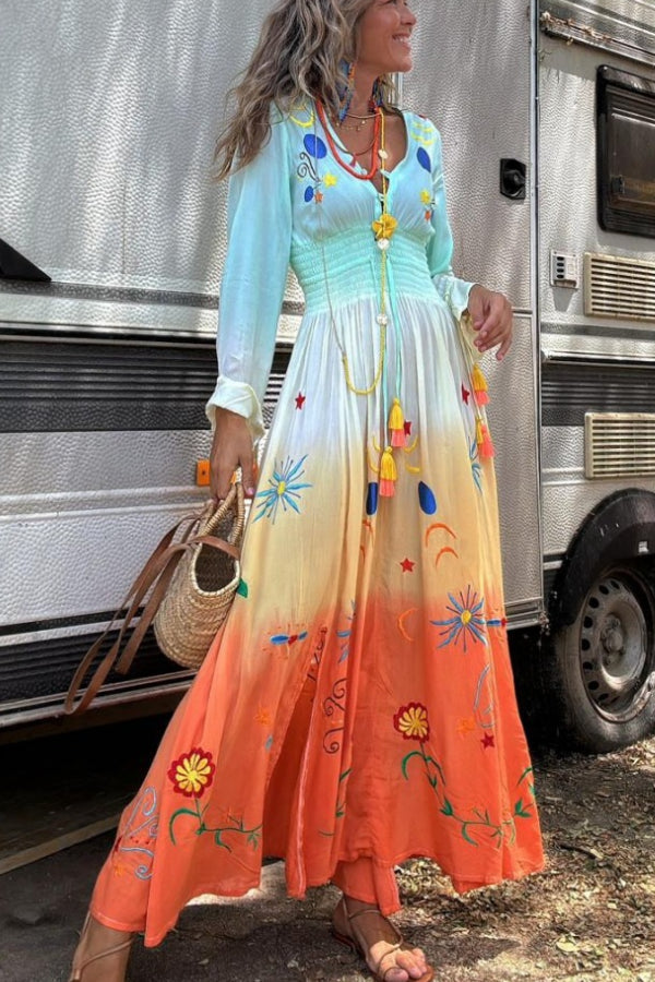 Robe longue à franges et taille élastique à imprimé dégradé Gigi